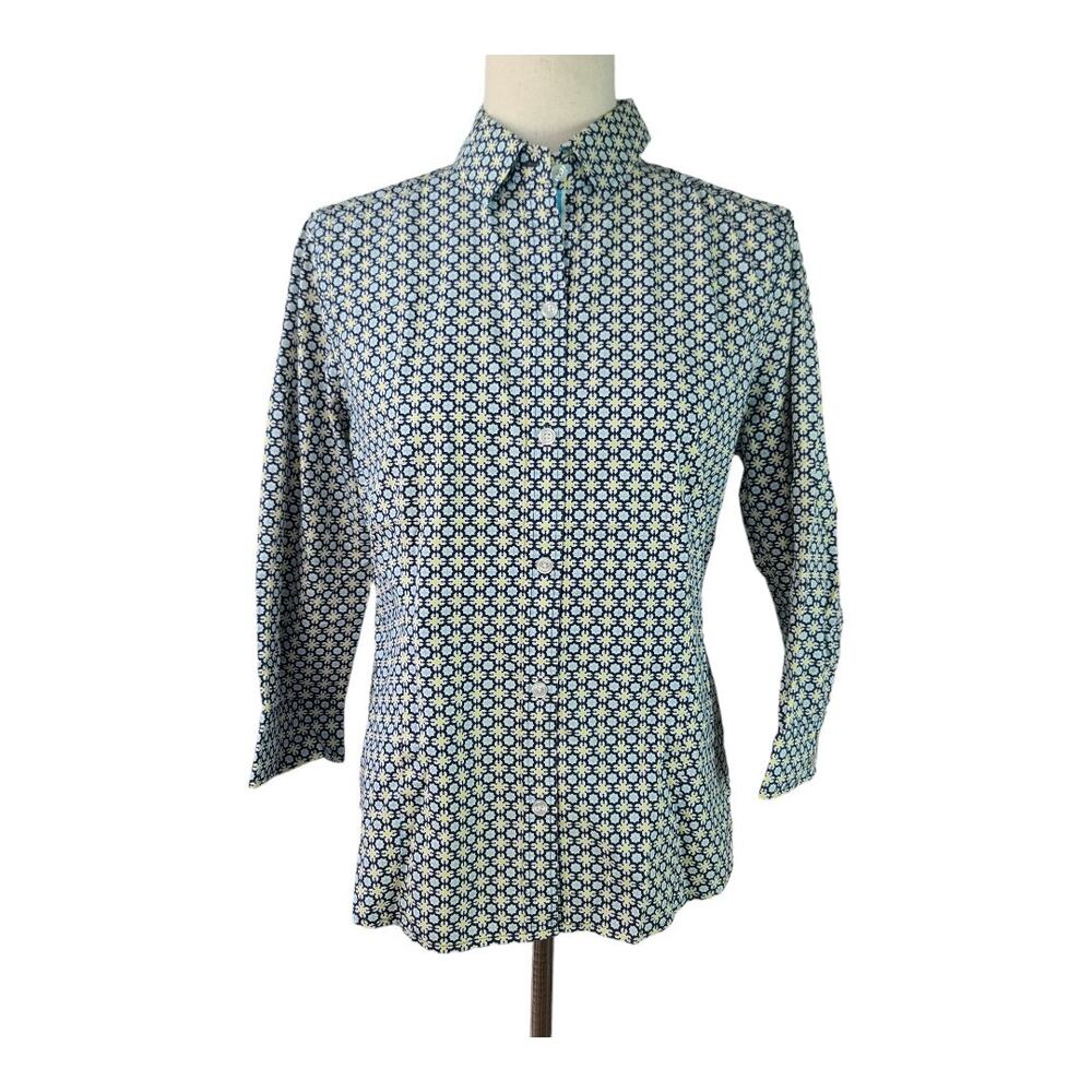 Jones New Your Blue Yellow White Pattern Shirt Top Blouse 3/4 Sleeve Button Up S